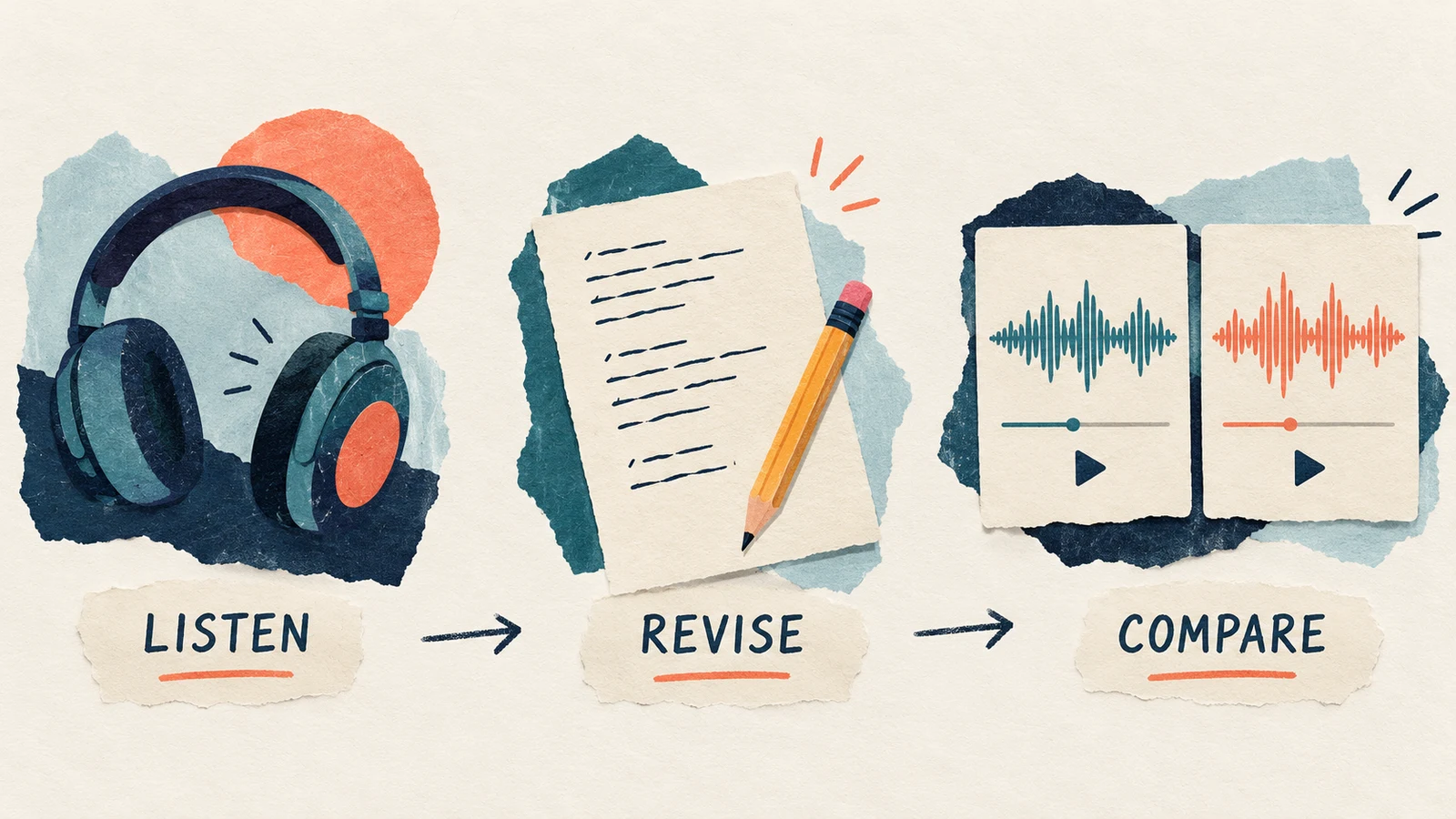 A listening and revision workflow labeled Listen, Revise, and Compare