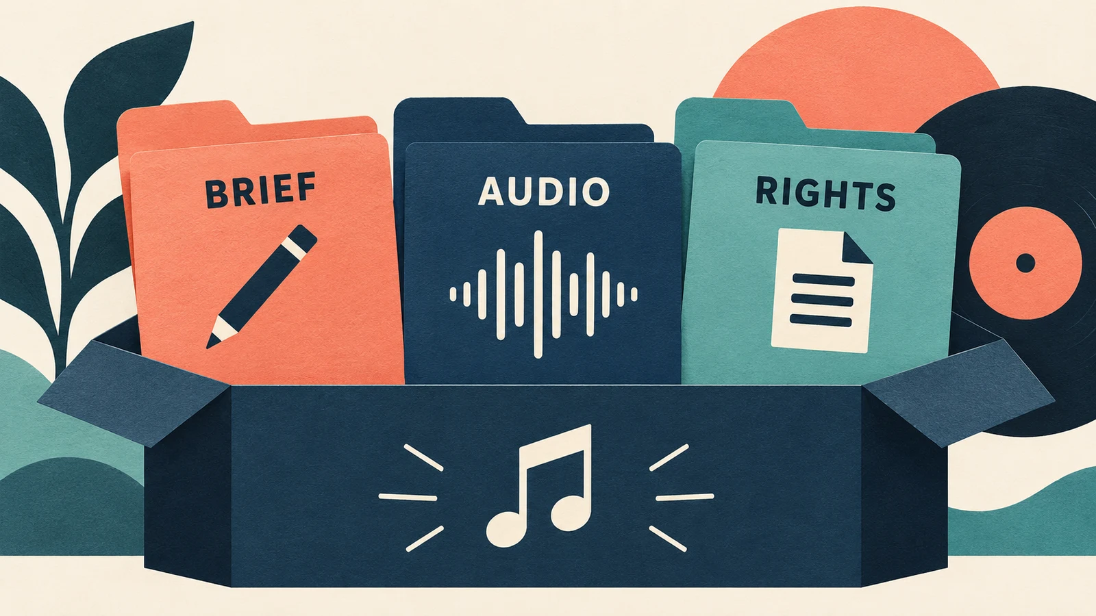 A music delivery package containing folders labeled Brief, Audio, and Rights