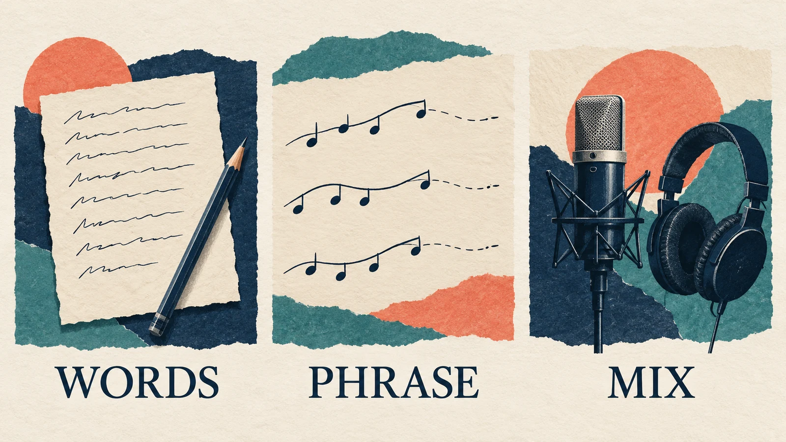 Three illustrated cards labeled Words, Phrase, and Mix for diagnosing unclear singing