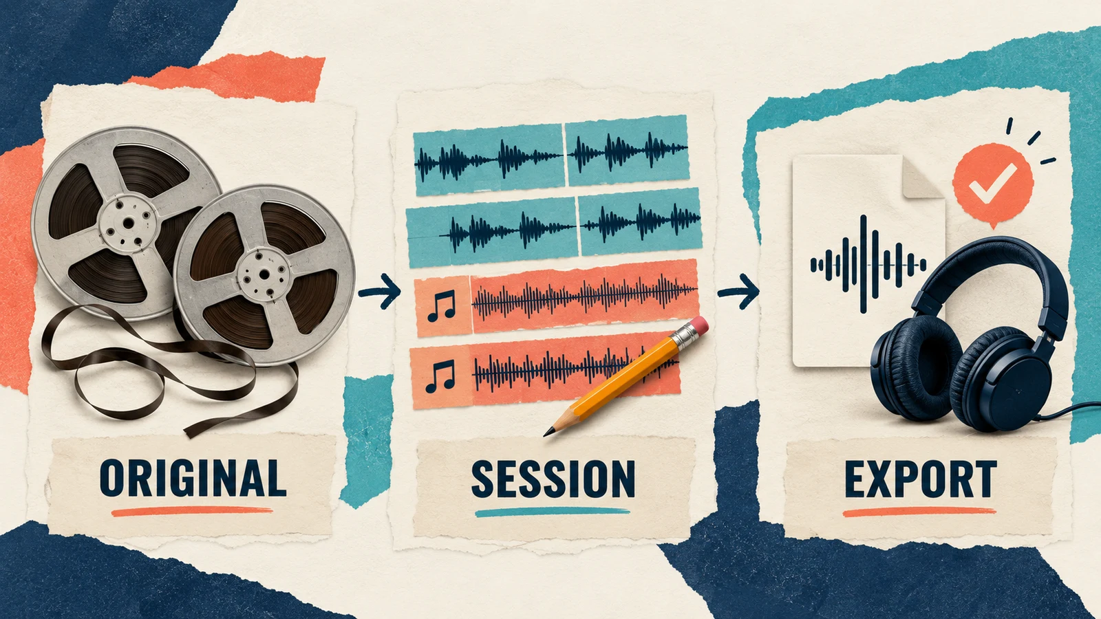 Original recordings, an editable session, and an exported audio file shown as separate stages