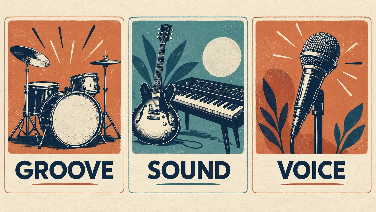 Three musical decisions illustrated with drums, instruments and a microphone: groove, sound and voice.