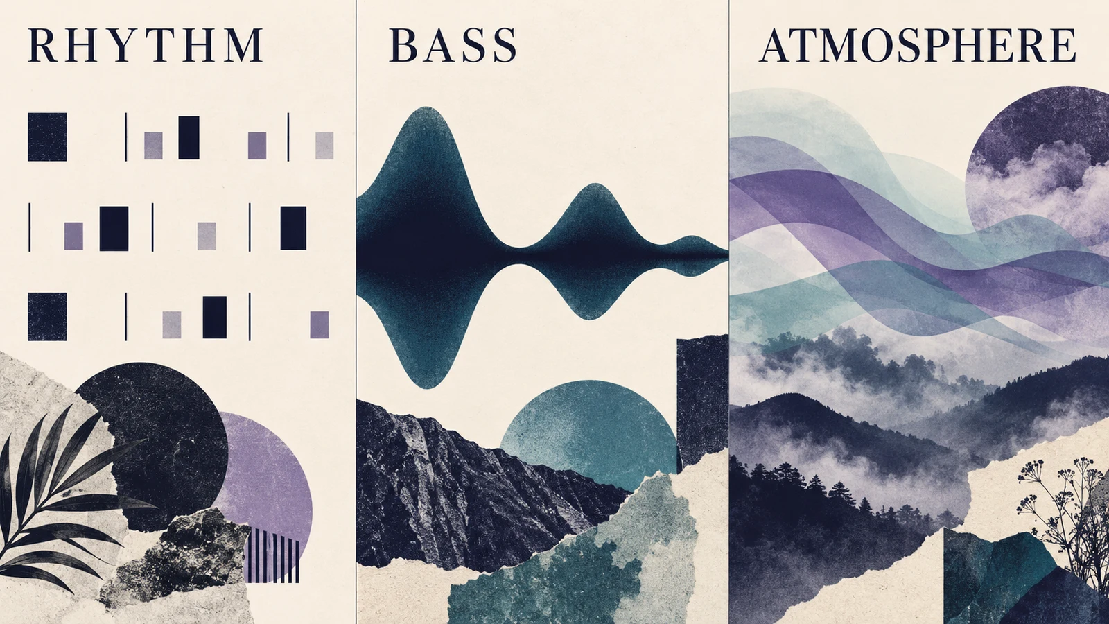 Three conceptual sound layers labeled Rhythm, Bass, and Atmosphere