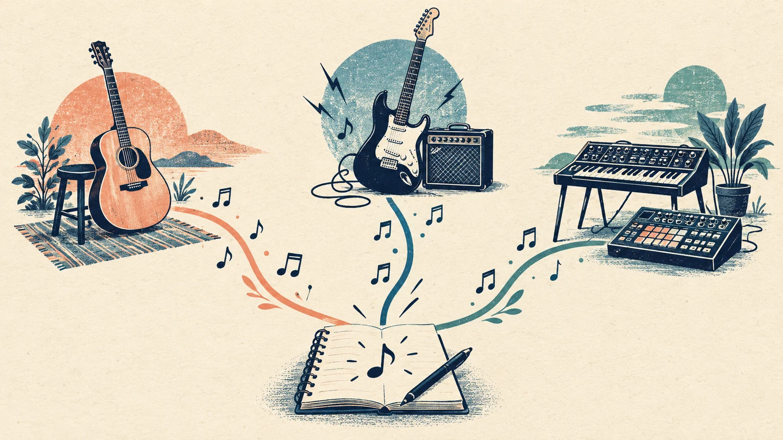 One song notebook branching toward acoustic guitar, electric guitar and electronic instruments to explore different arrangements.
