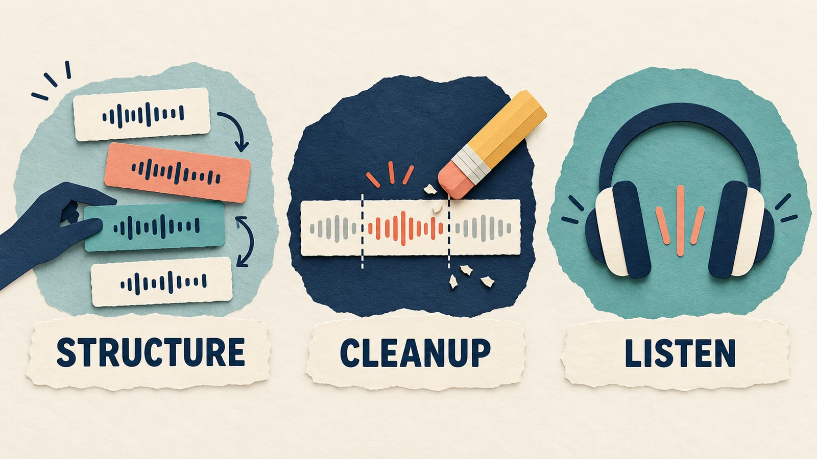 Three editing passes labeled Structure, Cleanup, and Listen