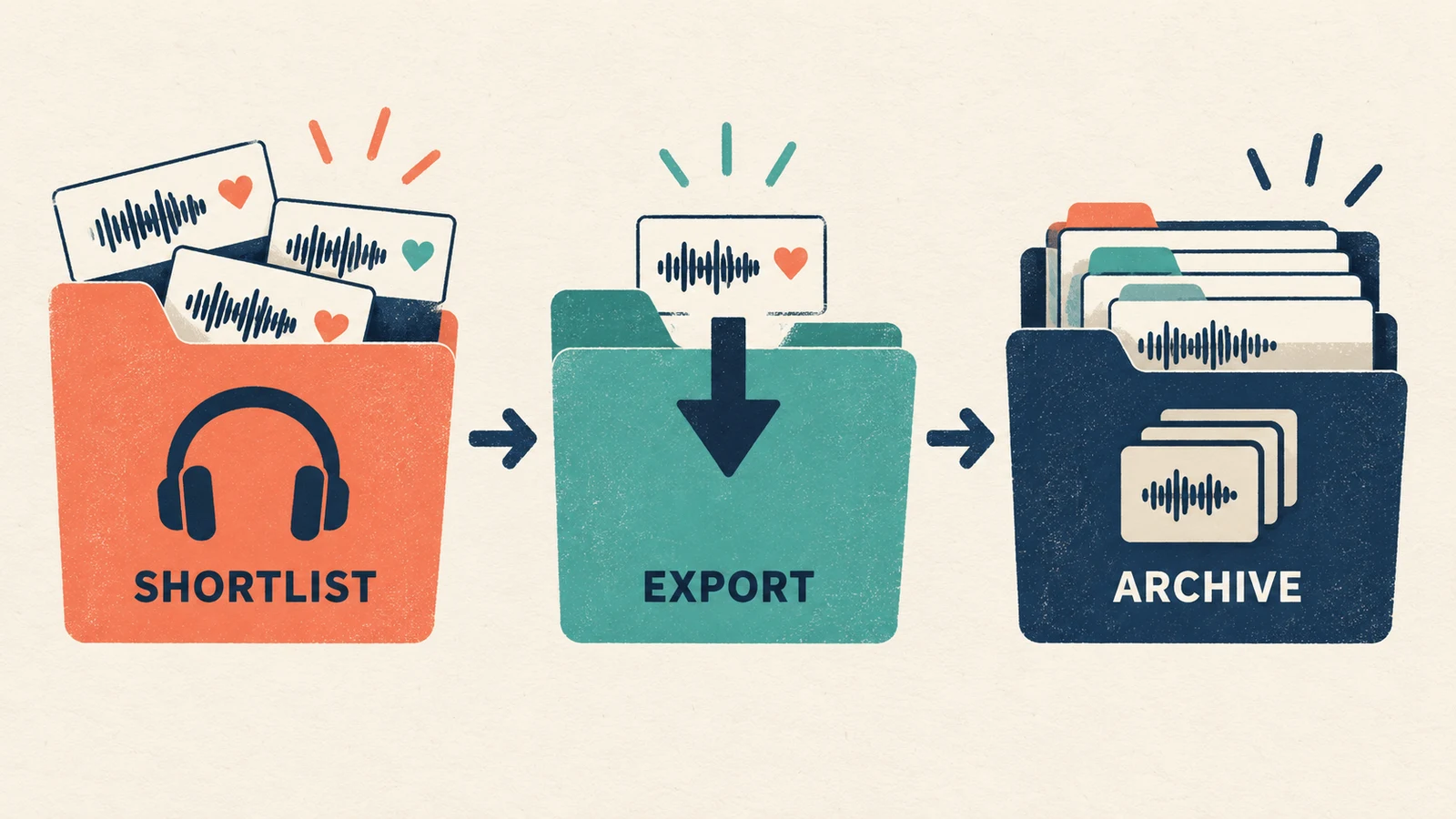 Folders labeled Shortlist, Export, and Archive illustrating an organized music export process