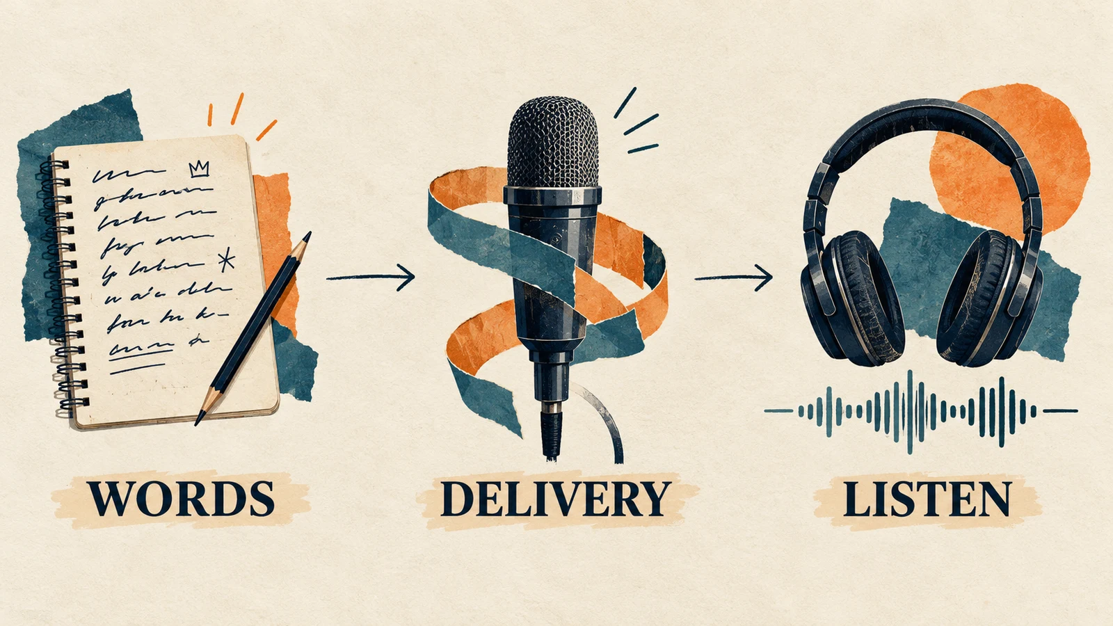 A notebook, microphone, and headphones illustrating the Words, Delivery, and Listen review sequence