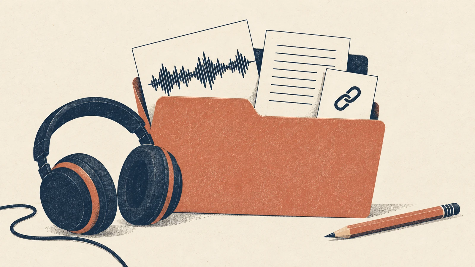 A folder holds an audio waveform, a source link and a document beside headphones.